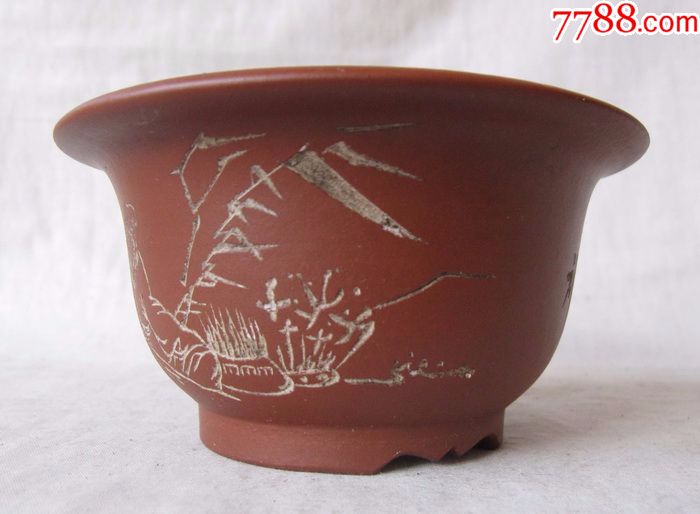 民国竹岩刻人物纹紫砂花盆