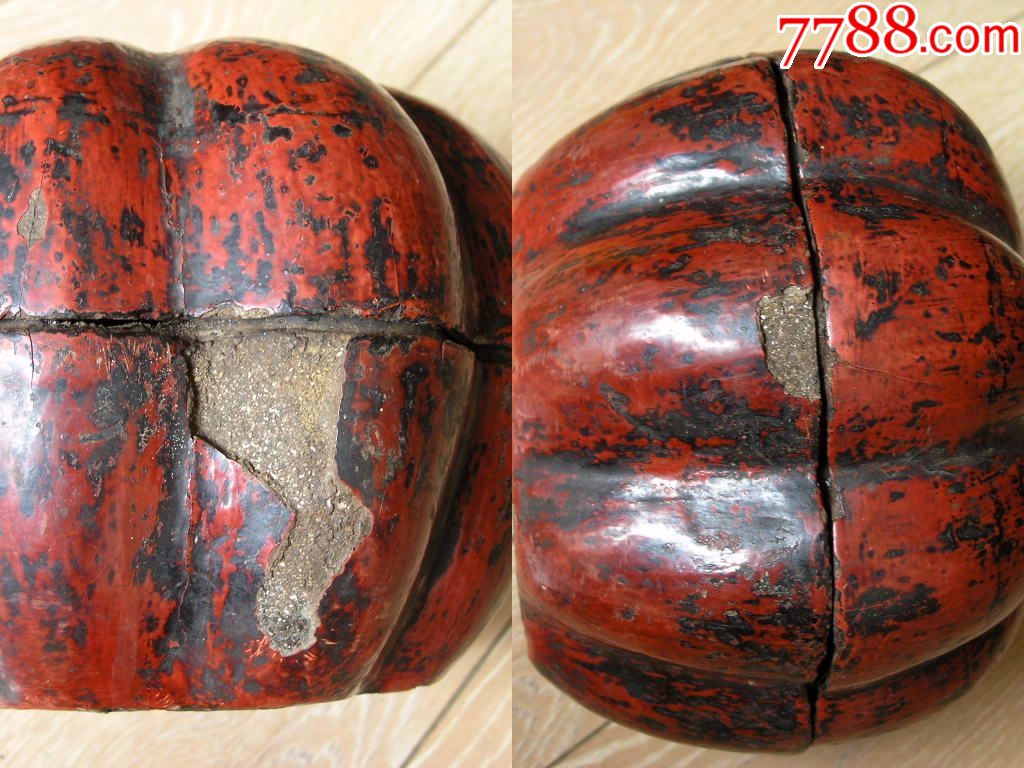 漆器收藏170601清末民国边疆大号南瓜皮胎漆器果盘果盒480g