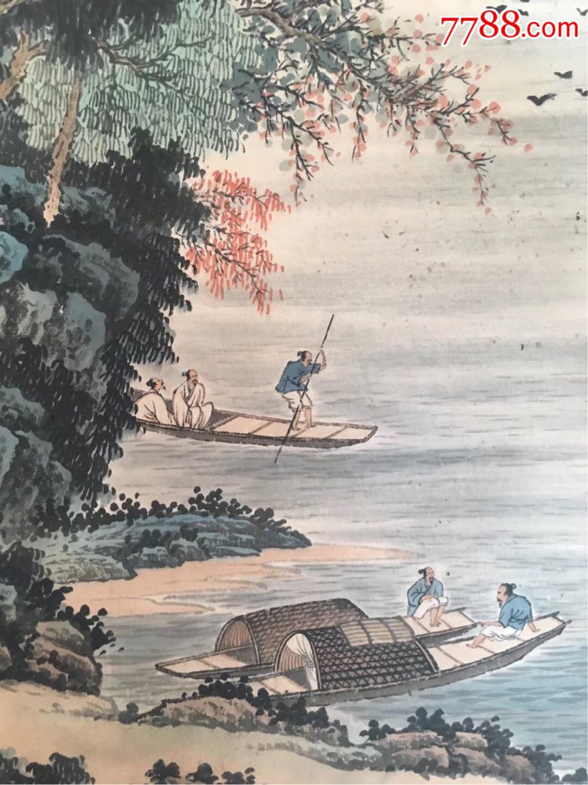 民间收袁松年"溪山泛舟图"青绿山水立轴,民国以上,手绘,古意盎然.