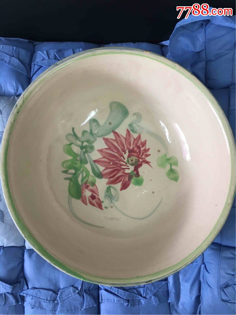 老式和面盆老陶瓷盆建国初期釉下彩手绘花图案怀旧收藏