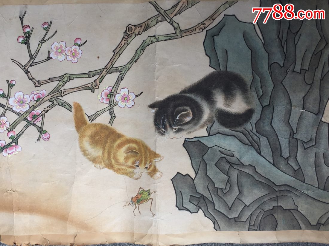 双猫图(名家工笔画)画的很好,1985年