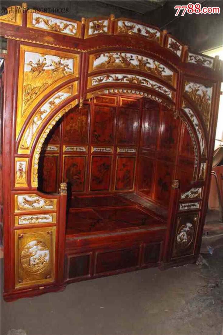 民俗老物件古董床金戈铁马鎏金老家具明清老家具