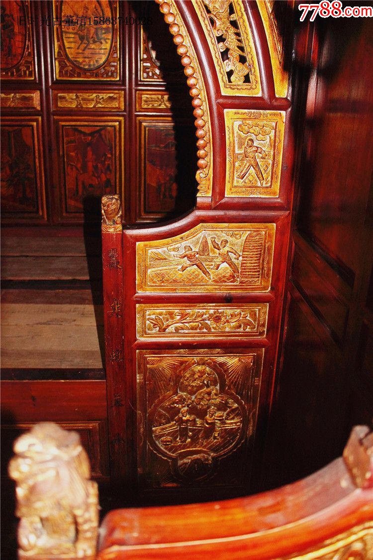 民俗古旧老家具精雕鎏金吉祥孔雀床明清金碧辉煌双进古董床收藏