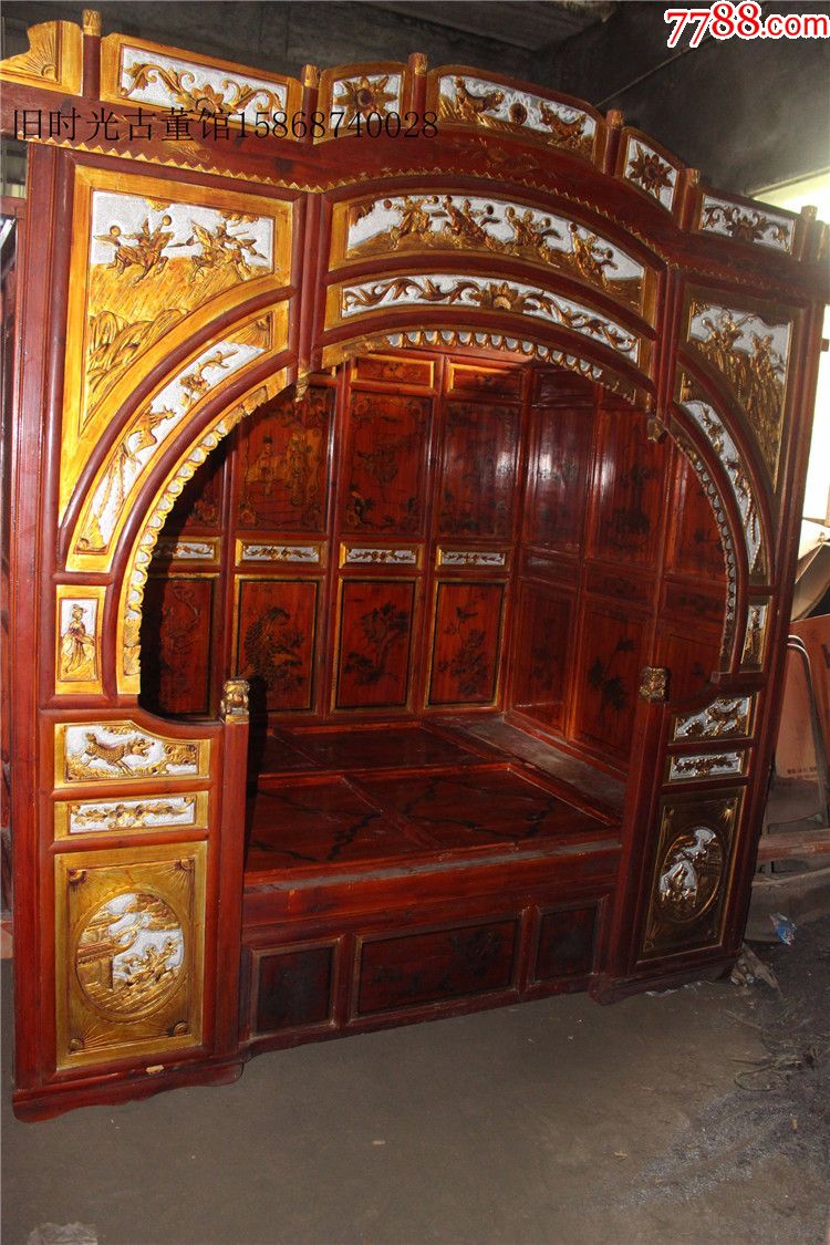民俗古董老床金戈铁马鎏金老家具老架子床古董古玩收藏