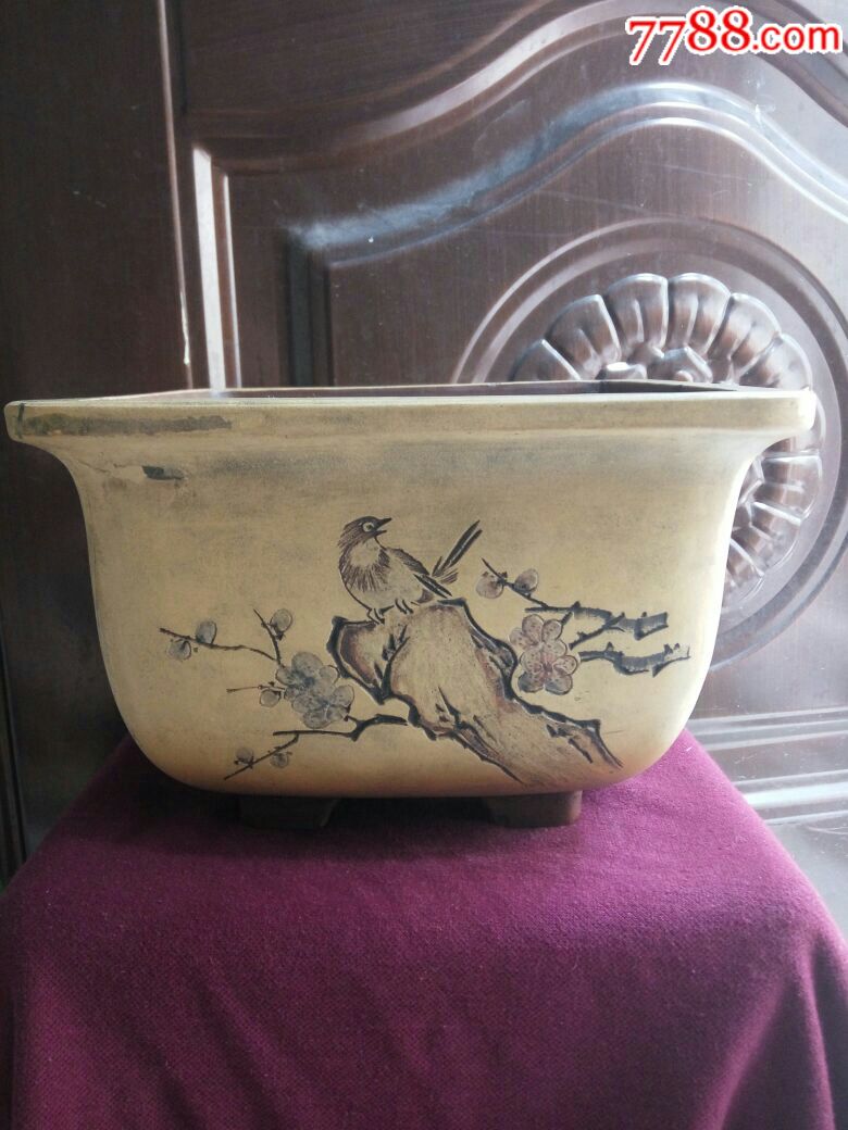 文革〈红波刻〉四方紫砂花盆.坏了,老修.刻石头花鸟〈罕见〉