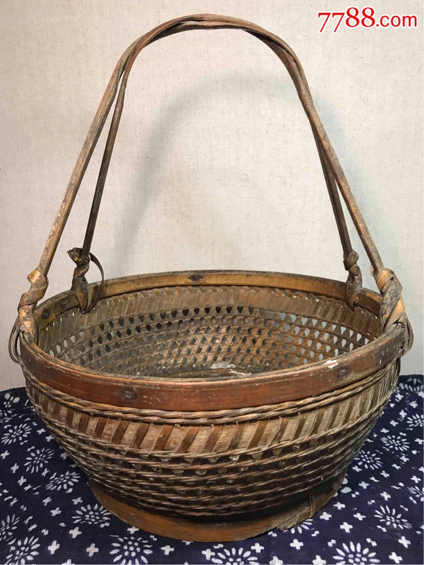 古董古玩收藏杂项清代藤篮竹篮篮子竹编提篮-竹篮/竹筐/竹盒-7788文玩