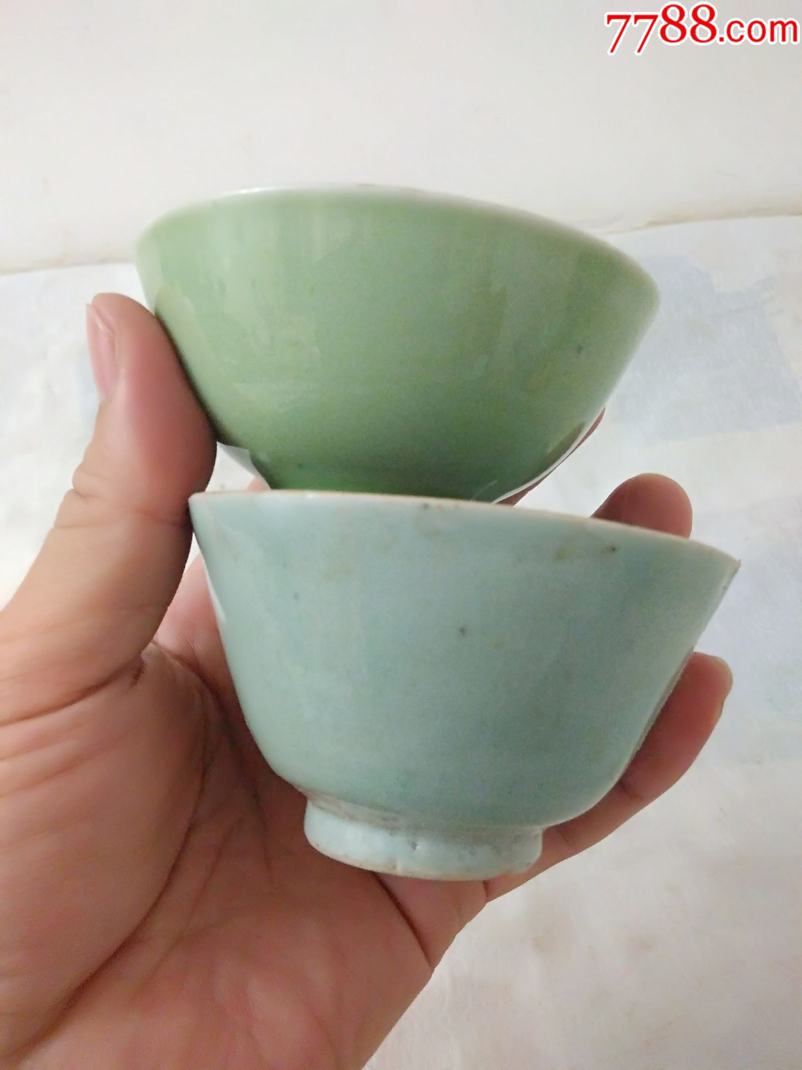 1386清代民国豆青釉茶碗2个