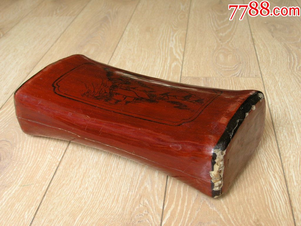 漆器收藏1708清末民国边疆大号山水花鸟图大号火漆木胎包皮枕头脉枕