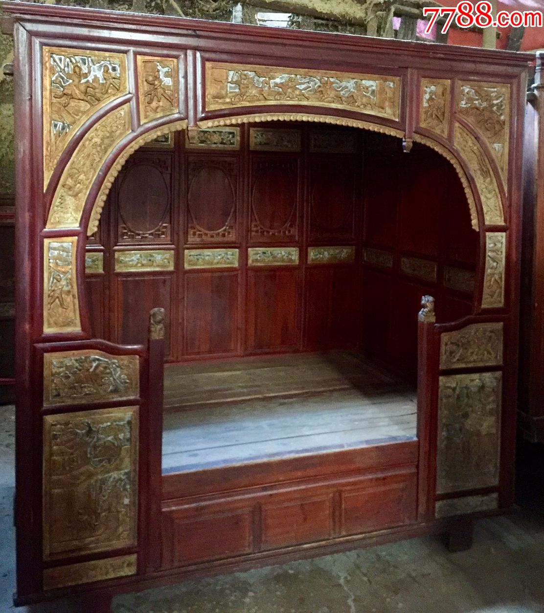 明清古旧老家具xq1863鎏金雕刻单进拔步千工床