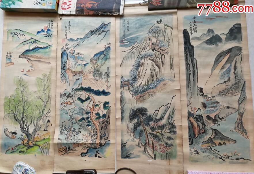 1968年原作原稿手繪年畫山水四條屏一套武夷山華山泰山等