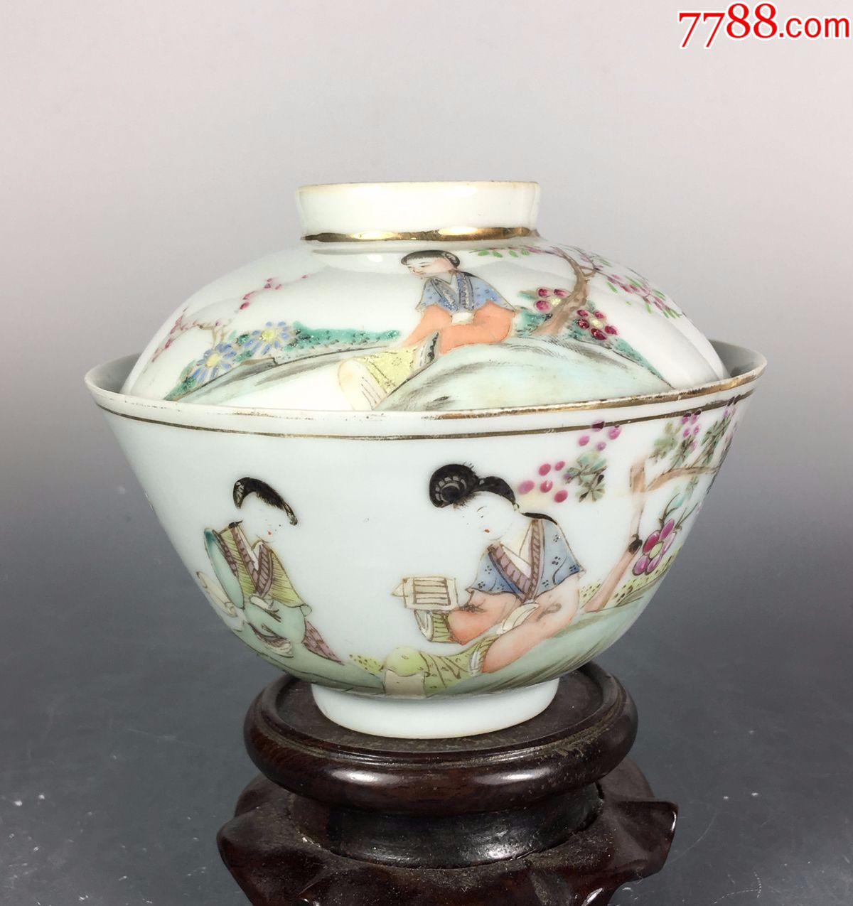 民国大名家陈华珍作品桃花美人粉彩茶碗近全品-se53830785-彩绘瓷