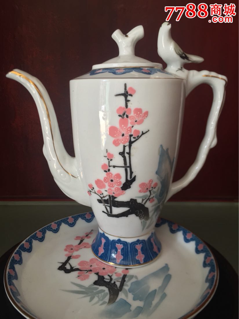 醴陵永胜瓷厂70年代手绘鸟鸣酒具一套