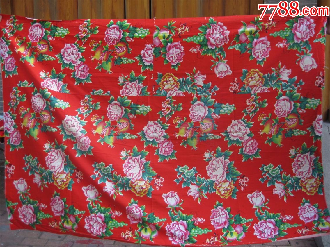 怀旧收藏八十年代棉涤被面石榴牡丹图案怀旧被面