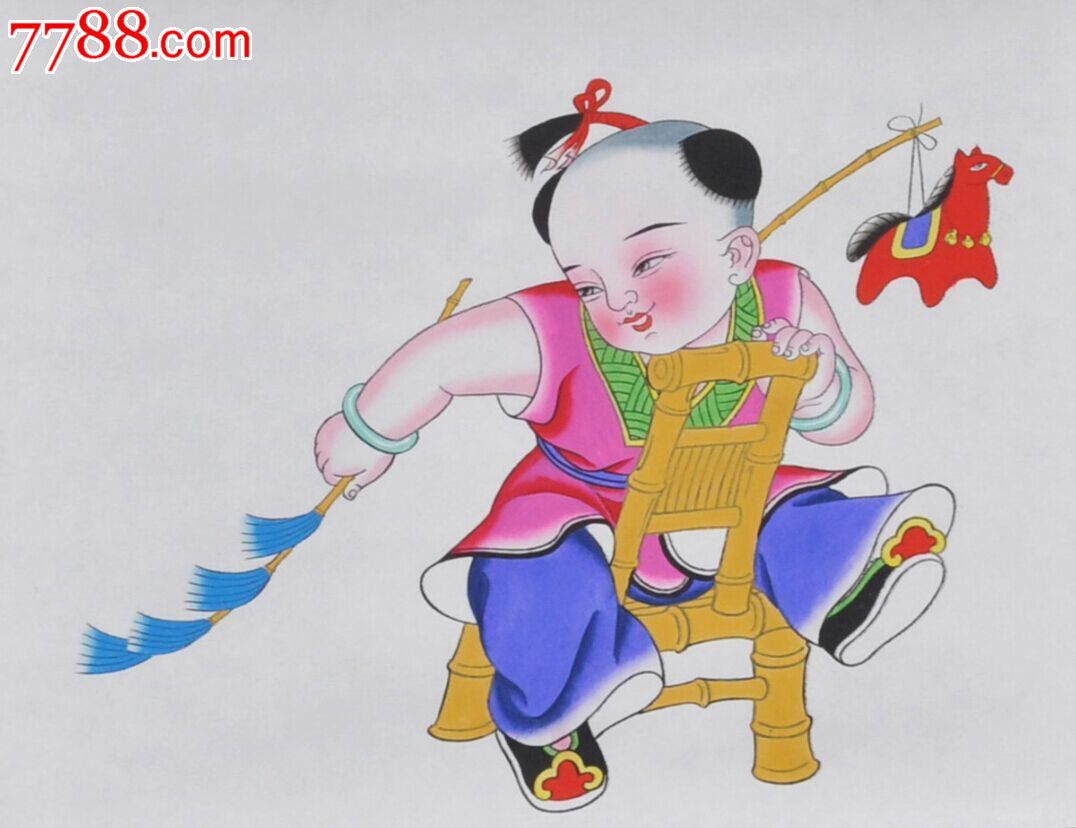 绵竹木版年画彩绘年画喜童一马当先名师手绘