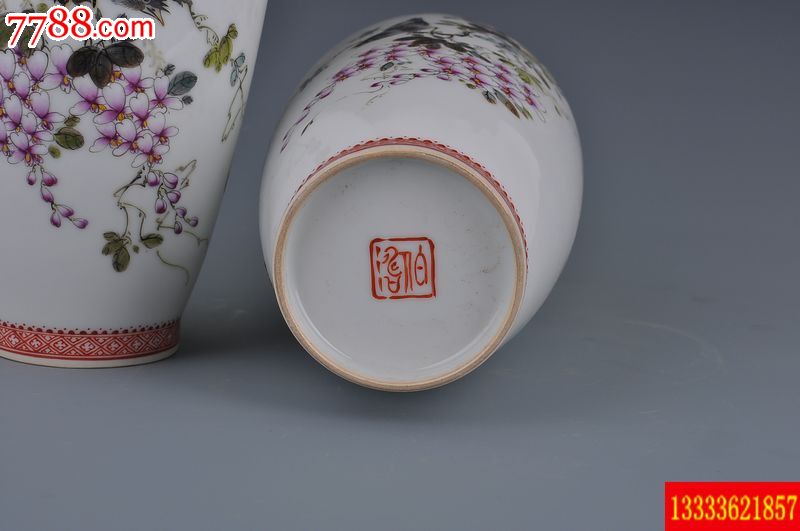 民国时期珠山八友毕伯涛粉彩花鸟对瓶226x10厘米