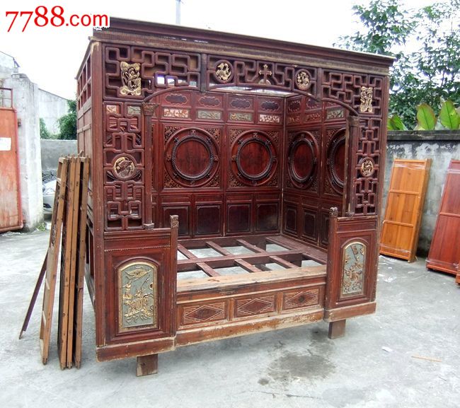 乡下收来的民国一根藤鎏金老架子床千工床