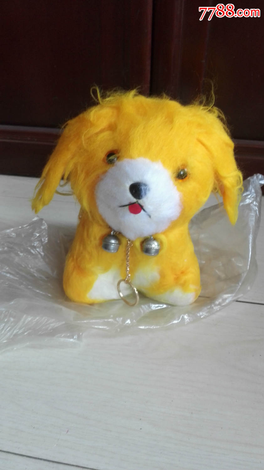 怀旧经典收藏八十年代黄色长毛绒带项链可爱小狮子狗玩具高19厘米