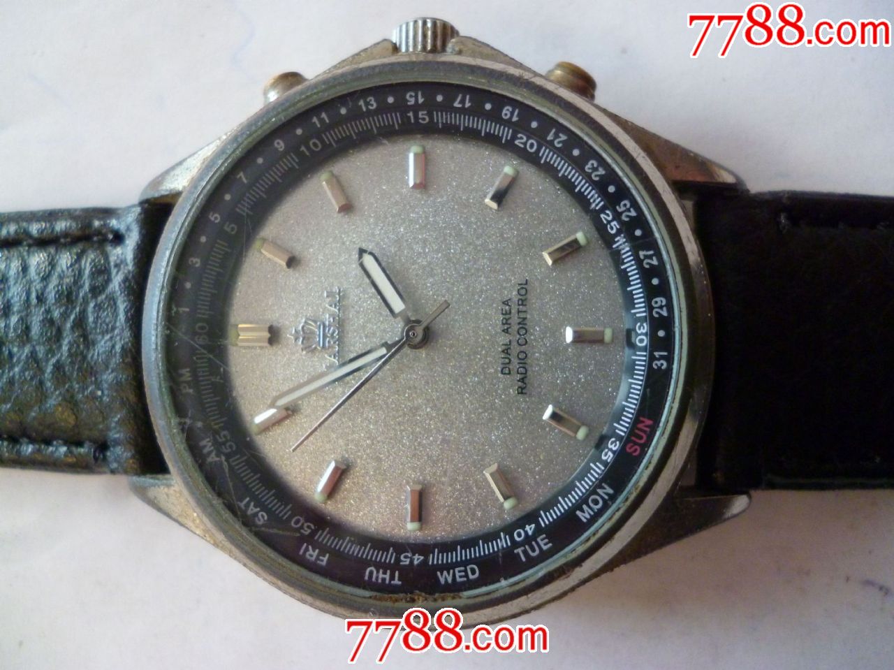 日本制造黑刻度圈镀银盘夜光【marshal】电波男士腕表一块!