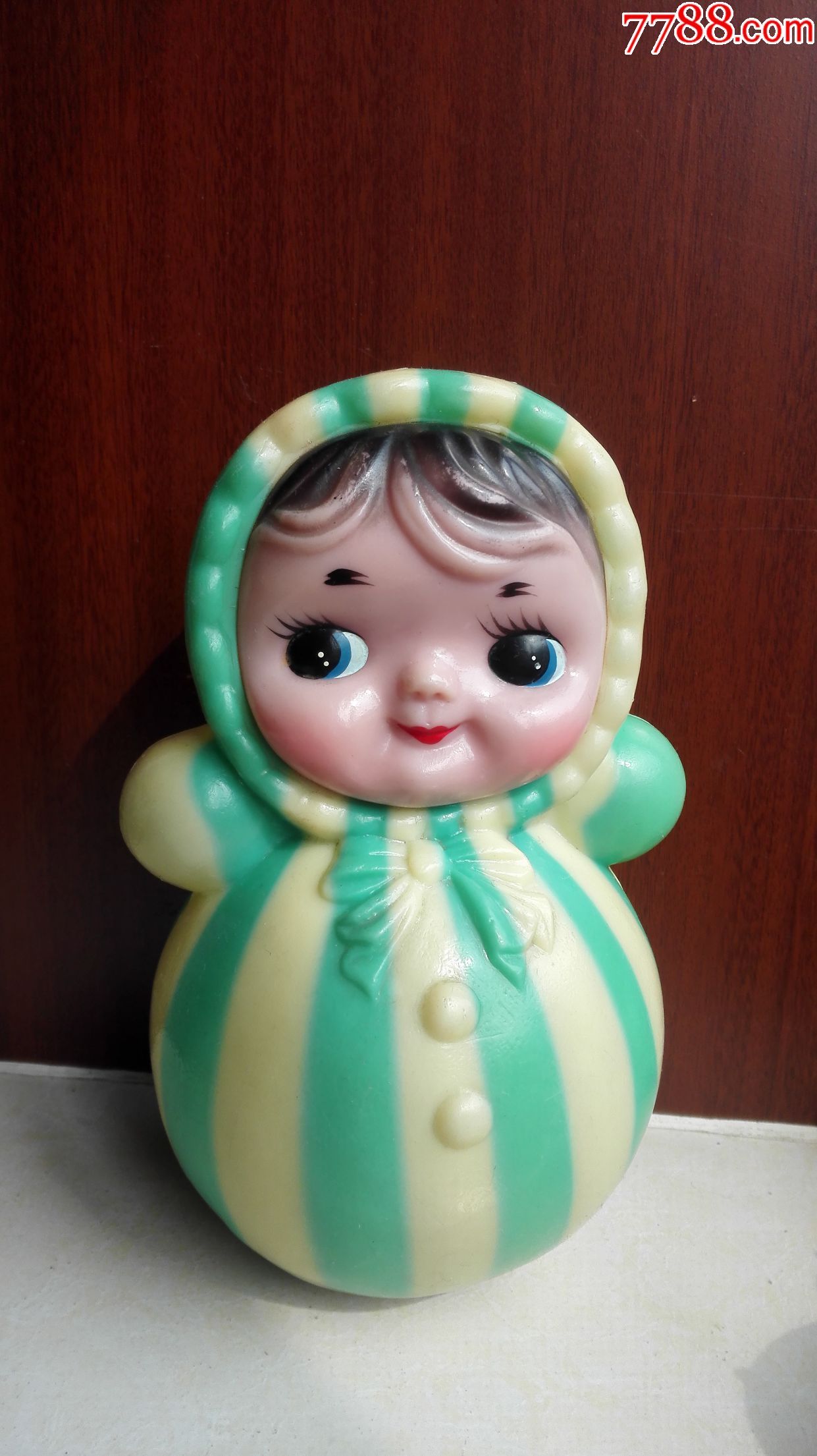 怀旧经典收藏八十年代绿白条好品不倒翁娃娃玩具