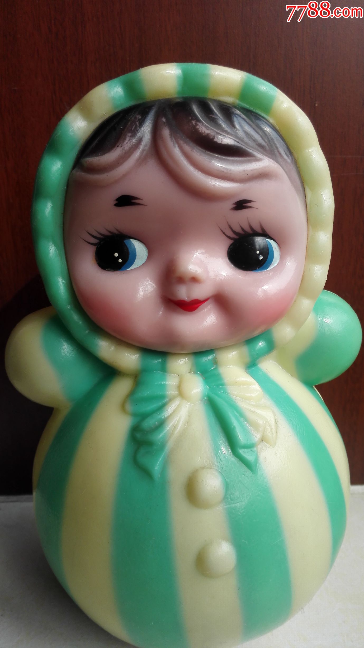 怀旧经典收藏八十年代绿白条好品不倒翁娃娃玩具