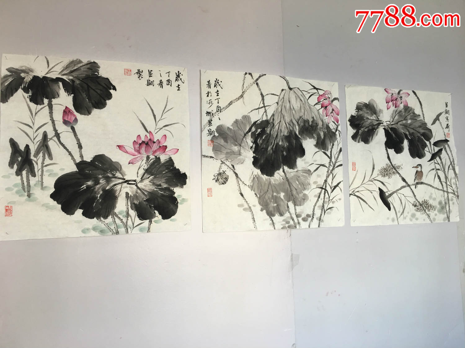 王显翱作品7三尺斗方水墨荷花三幅画芯50乘50