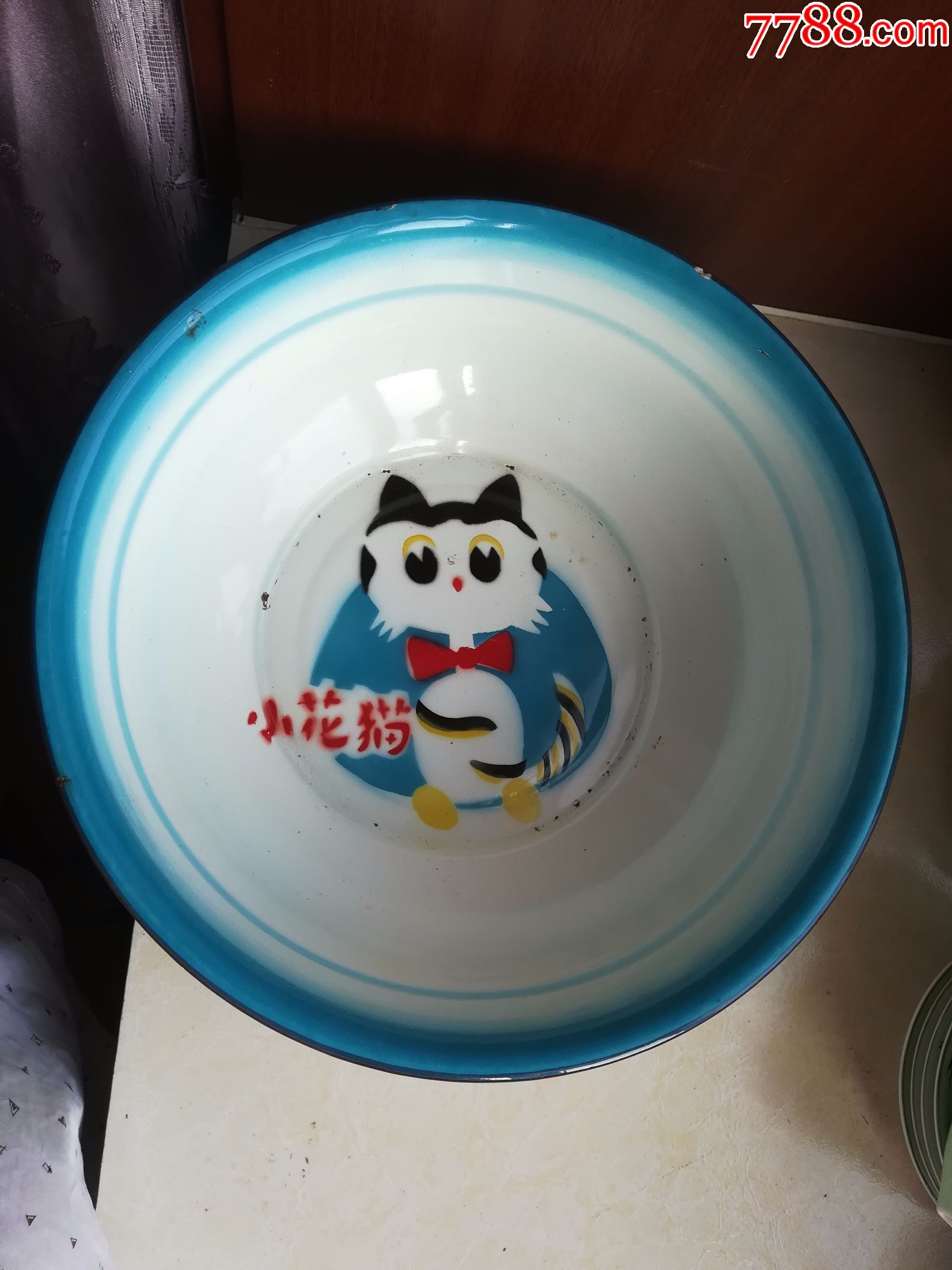 怀旧经典收藏八十年代小花猫图案蓝色老搪瓷盆