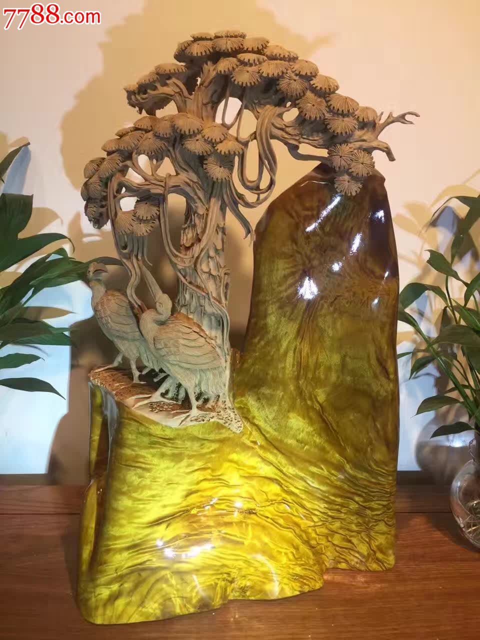 小叶桢楠松鹤延年-木雕摆件-7788木艺