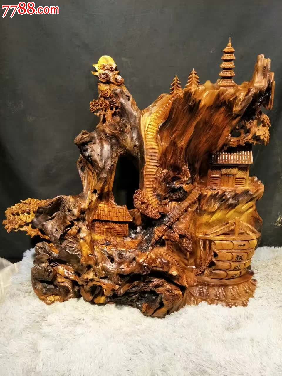 崖柏秦岭料山水人家一-木雕摆件-7788木艺